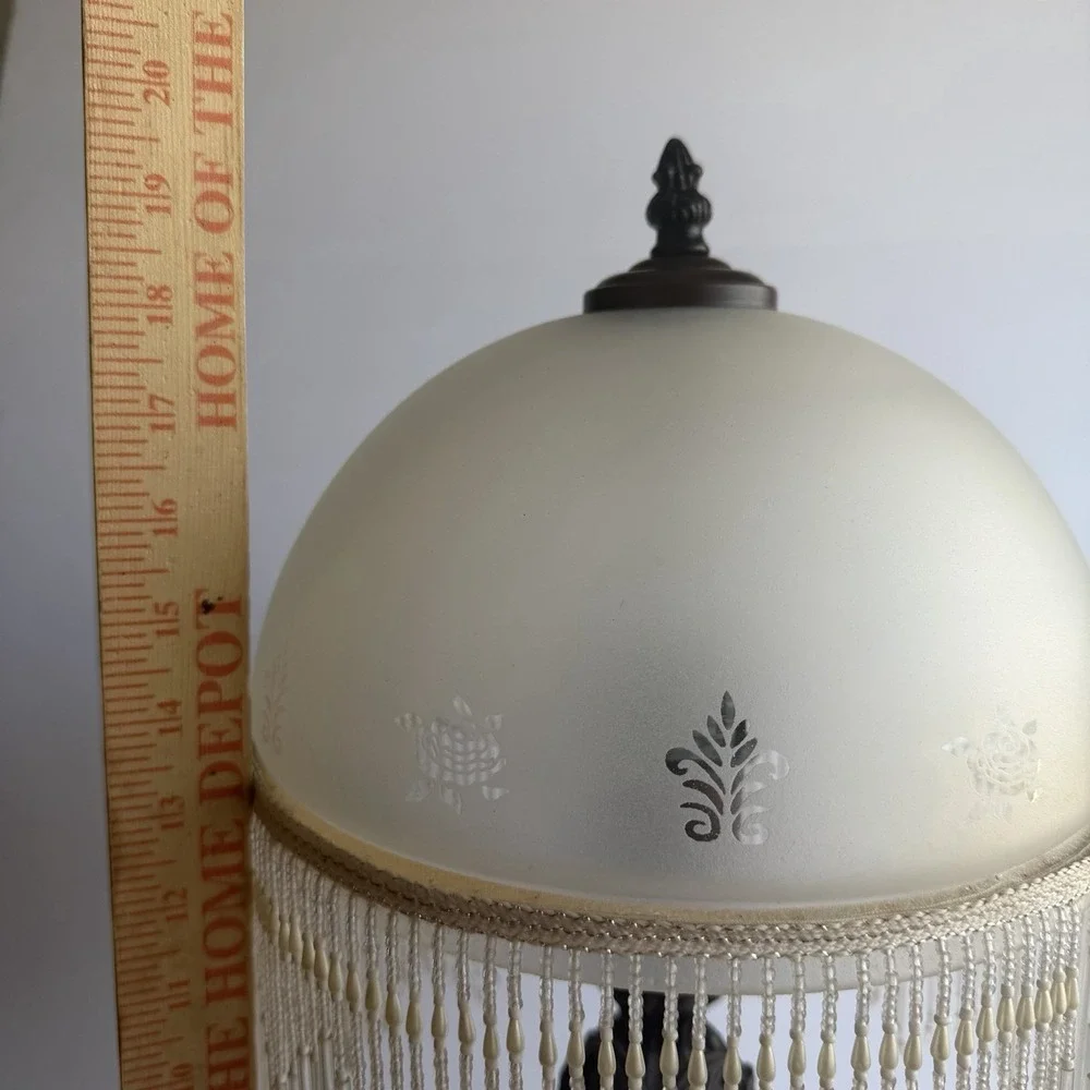 Art Deco Style Lamp Beaded Fringe Frosted Glass Shade VTG Victorian Rose Boudoir